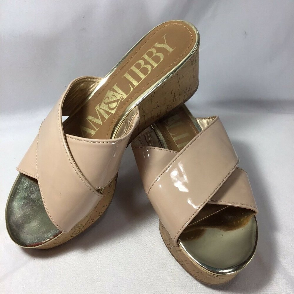 Sam & Libby Beige Criss Cross Cork Wedge Sandal 8 1/2 M